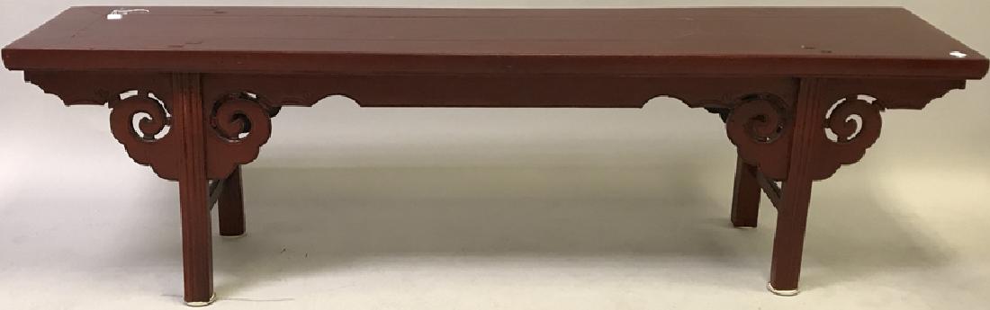 Chinese dark red bench, 21 3/4"h x 73"w (1 of 3)