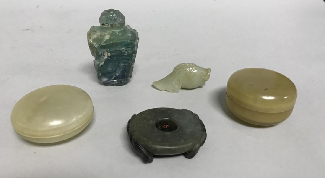 Lot of 5 antique jade pieces, incl; carved snuff bottle (1 of 8)