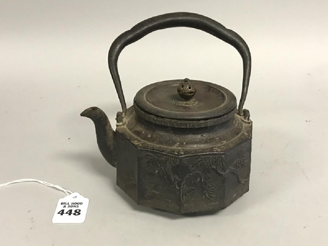 Early Asian Metal Teapot with writing, bird & foliate (1 of 10)