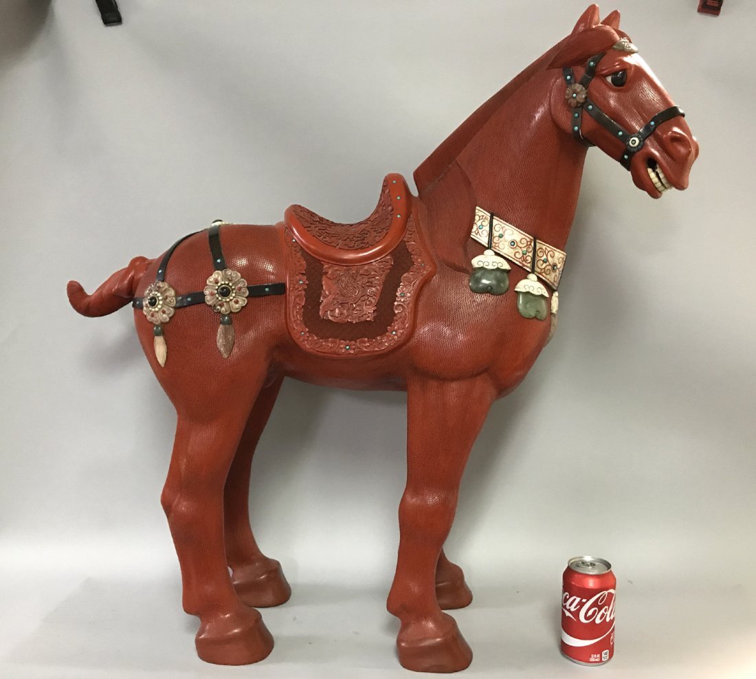 Large Antique Chinese Cinnabar Horse  with jade (1 of 10)