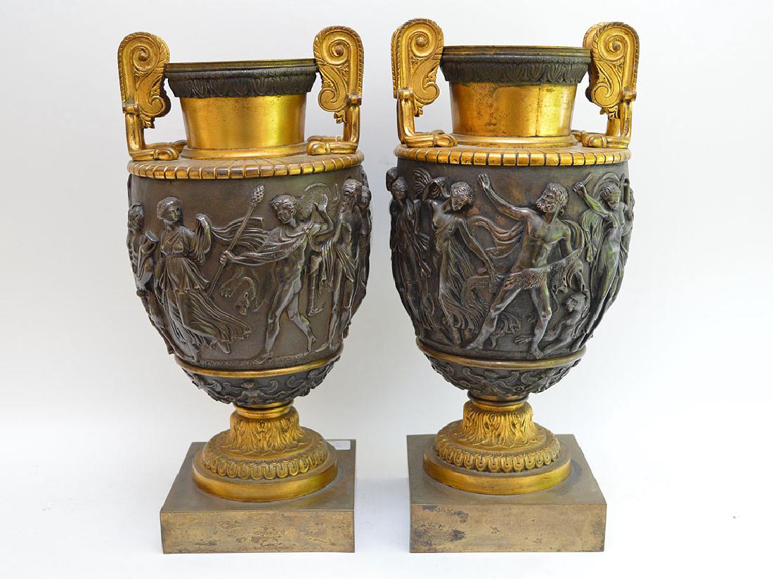 Pair 19th Century Gilt & Patinated Bronze Urns.  H. 17 (1 of 10)