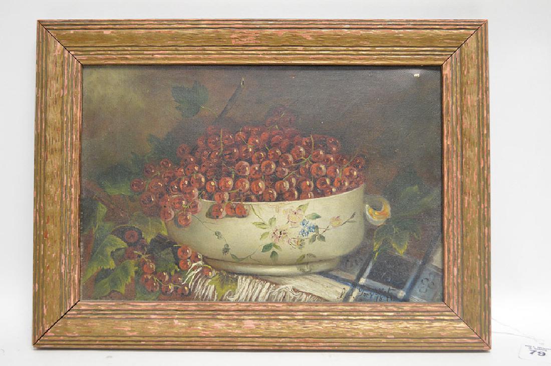 19th c. oil on canvas, still life, grapes in bowl, 8" x (1 of 4)