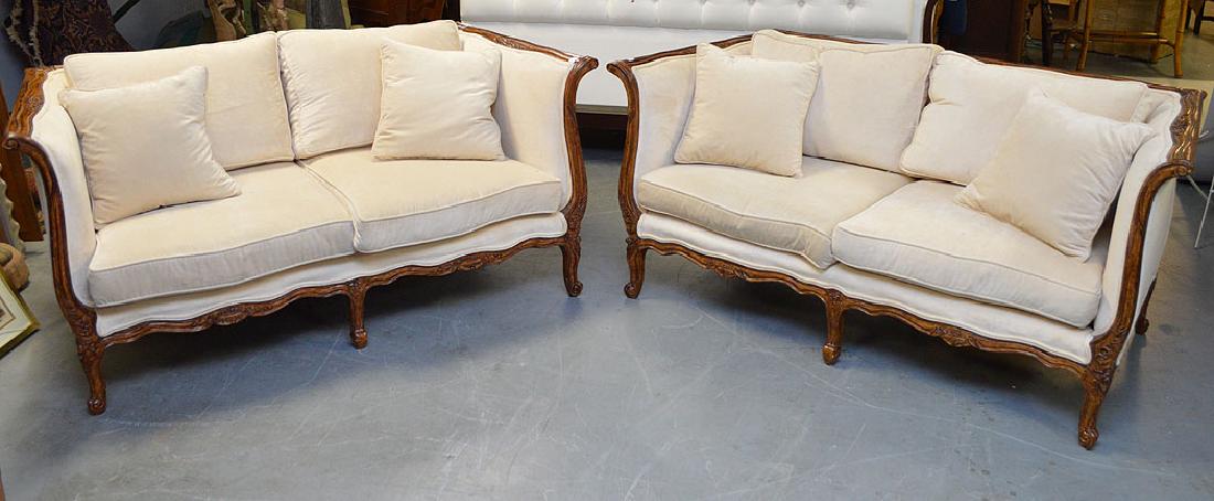 Pair Country French loveseats, beige color suede cloth (1 of 3)