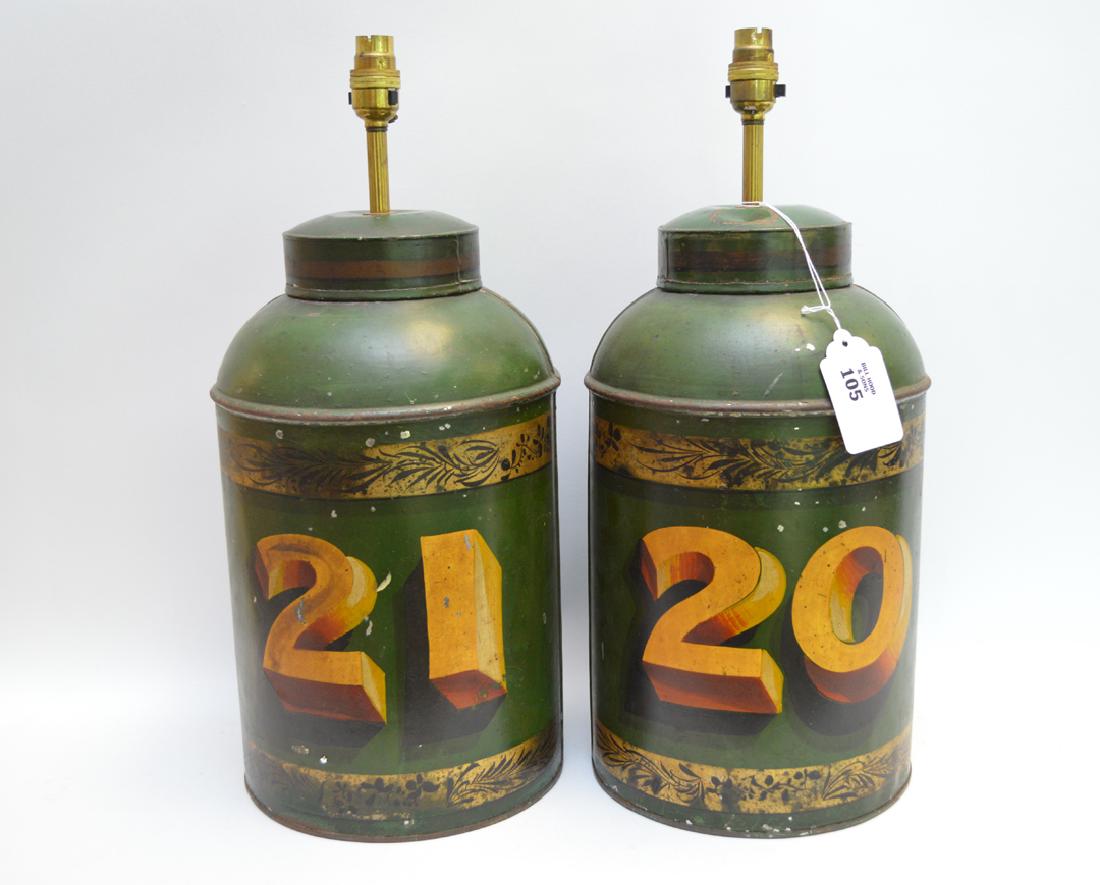Pair 19th c. converted lamps, tole tea/coffee (1 of 4)