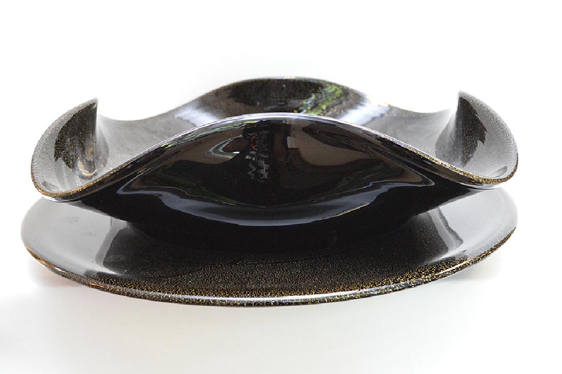 Black Venetian glass abstract bowl (5"h x 21"w ) and: Black Venetian glass abstract bowl (5"h x 21"w ) and platter with gold flecks (21"dia)