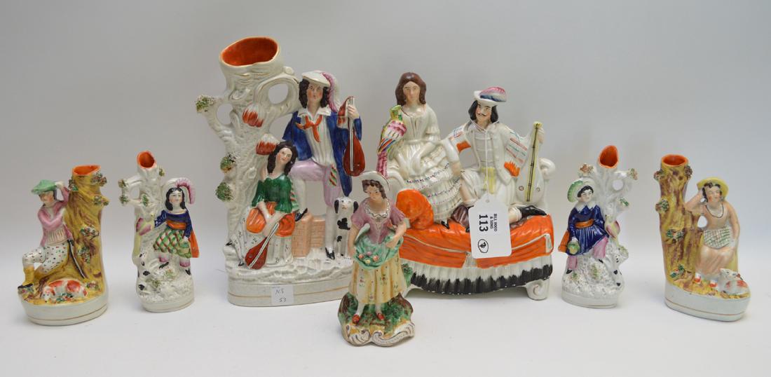 Lot of 7 figural Staffordshire pieces, 19th c, 2 large (1 of 6)