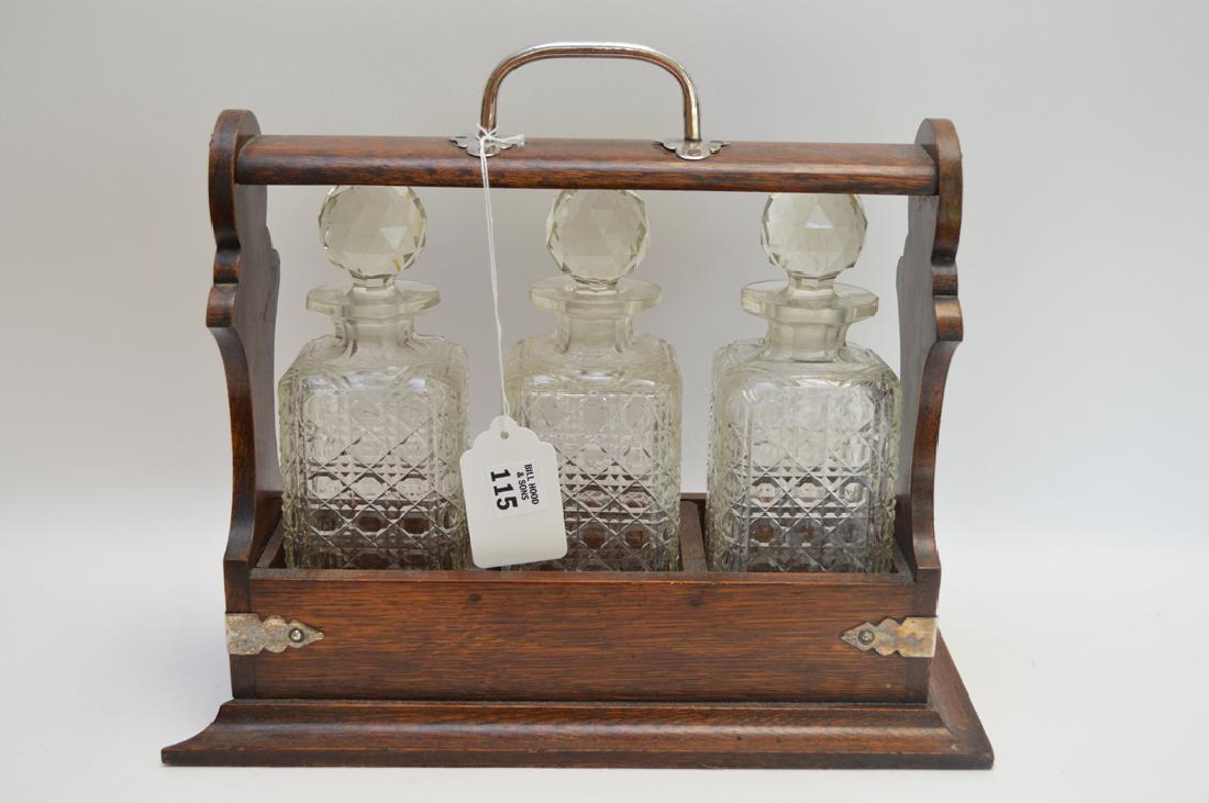 English oak Tantalus with 3 matching bottles (we have (1 of 5)