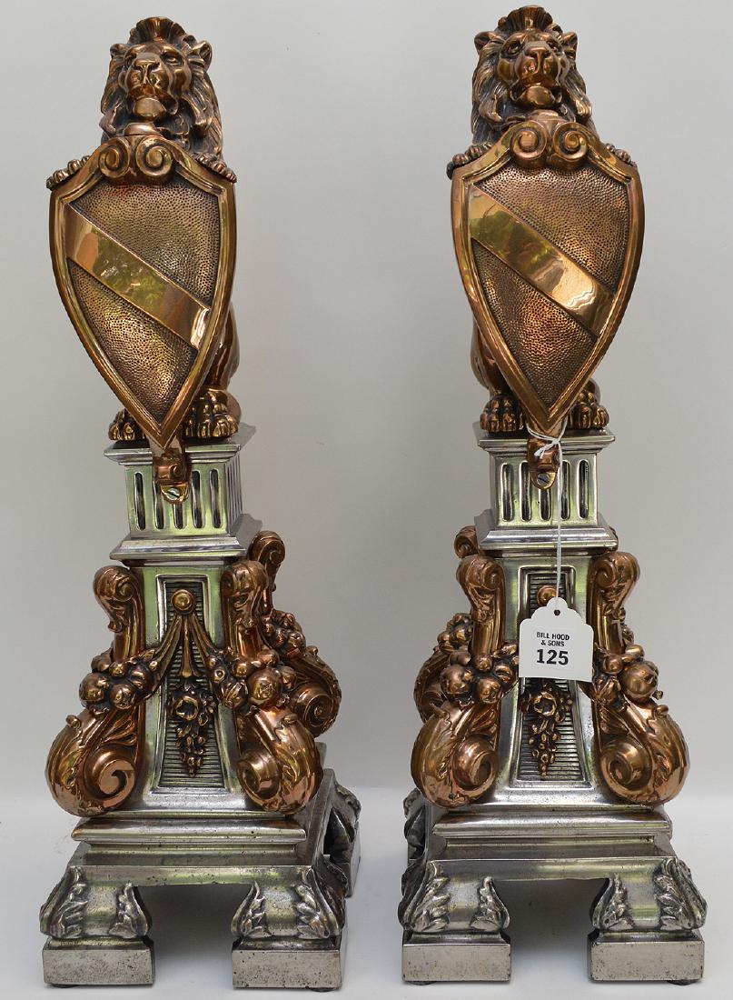 Pair two tone bronze figural Lion & Shield andirons, (1 of 7)