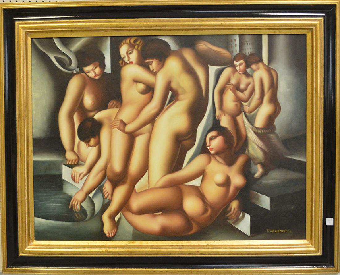 AFTER Tamara de Lempicka (POLISH1898-1980) oil Painting: AFTER Tamara de Lempicka (POLISH, 1898-1980) oil on canvas, Modern Nudes, canvas 30 x 40 inches **Update to listing - There is a 4 inch tear near bottom left that has not been professionally repaired,