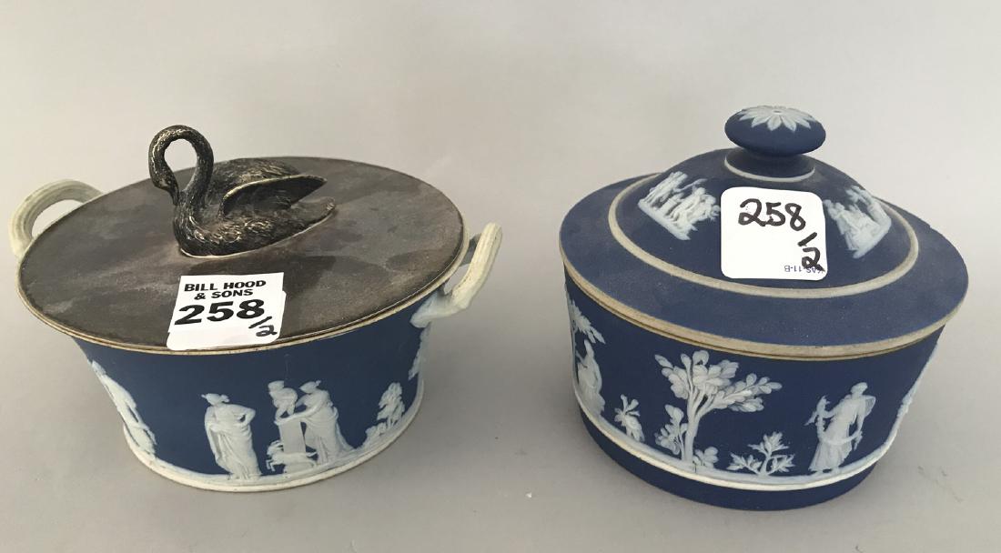 2 Wedgwood butter dishes, 1 cobalt Jasperware with: 2 Wedgwood butter dishes, 1 cobalt Jasperware with silver plated top & underplate, 4"h x 8"dia AND 1 Wedgwood Jasperware, 4"h x 5 3/4"dia (cobalt chip to underplate)