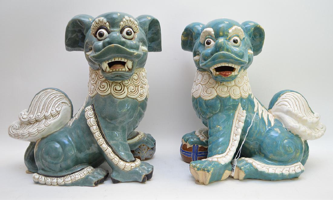 Pair Large Asian Glazed Pottery Foo Dogs.  Ht. 17" (1 of 6)