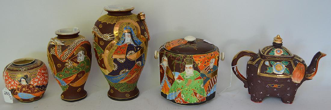 Lot 5 Satsuma Articles. Vase Ht. 10" Biscuit Barrel H.: Lot 5 Satsuma Articles. Vase Ht. 10" Biscuit Barrel H. 6 1/2" (with re-glued lid and chips to rim), Vase Ht. 7 5/8", Elephant Tea Pot Ht. 7 3/8" Lth. 9 1/2" Vase Ht. 4 3/8"