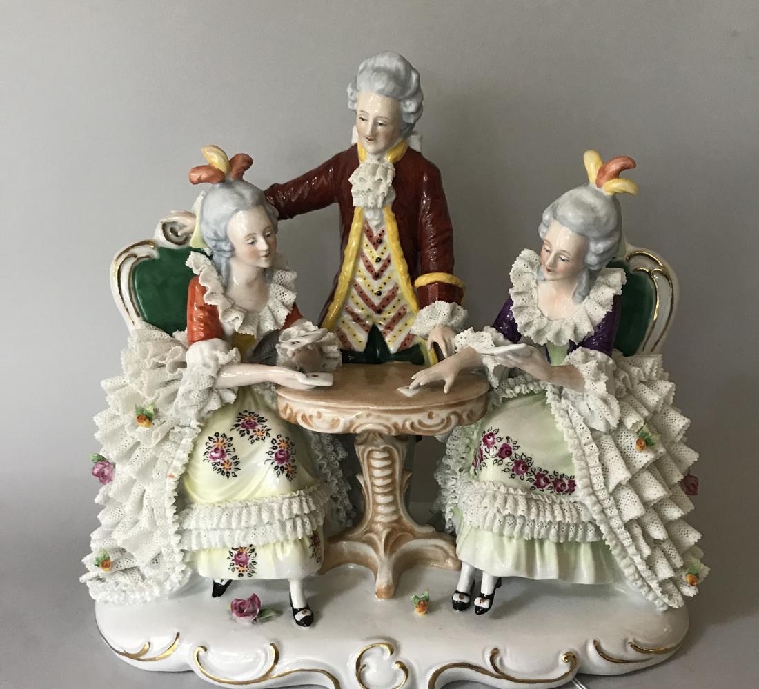 German porcelain grouping, 2 women & man playing cards, (1 of 5)
