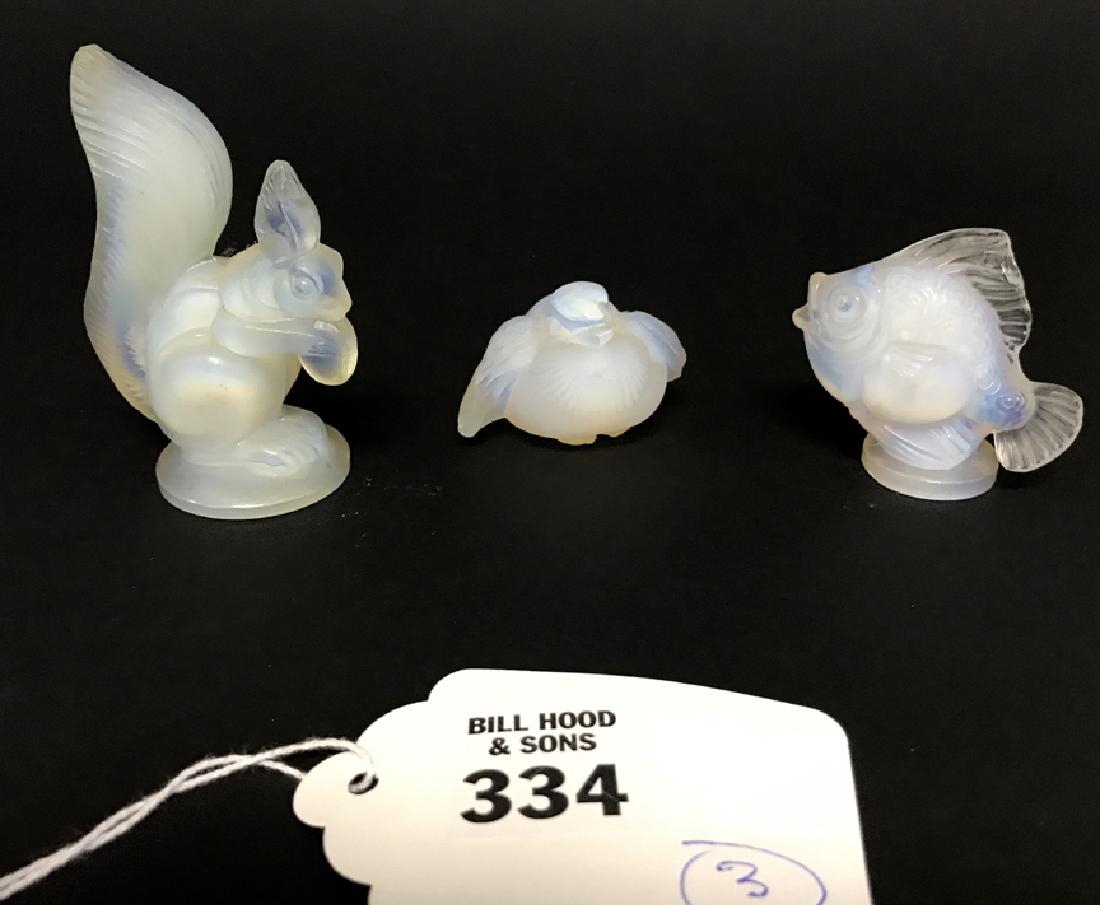 3 Sabino glass miniatures; fish in script Sabino Paris,: 3 Sabino glass miniatures; fish in script Sabino Paris, 1 dove impressed Sabino France and squirrel Sabino France (flea bites on all 3)
