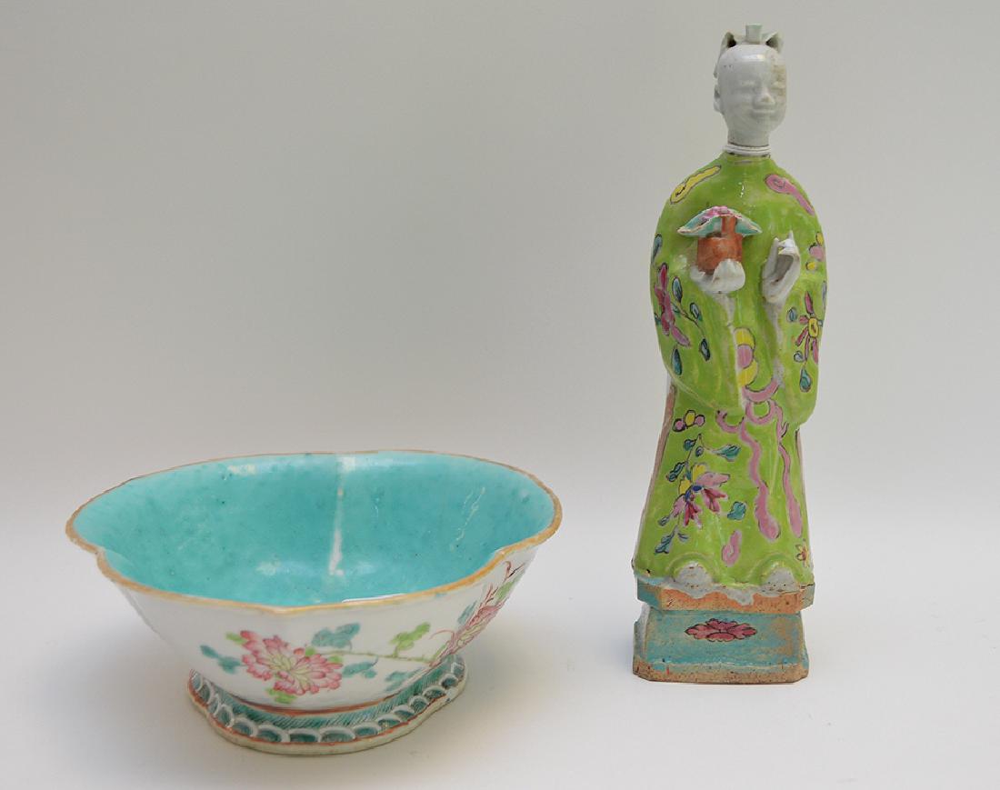 2 Chinese pottery pieces, figure and bowl (1 of 5)