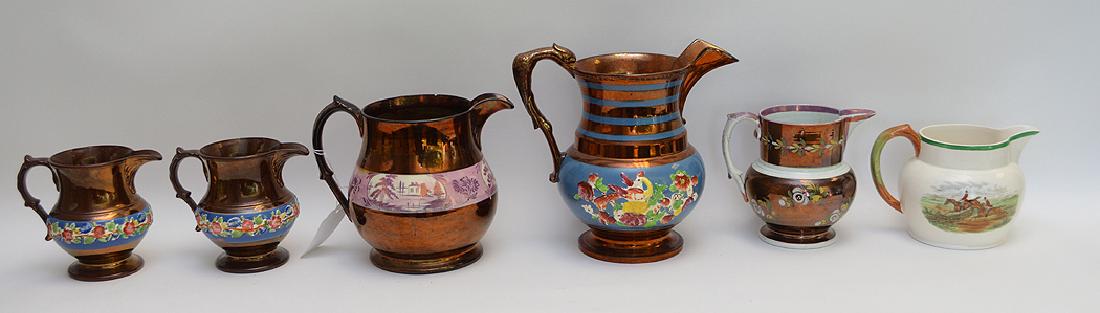 (5) English lustre pitchers, 19th c. (1 of 4)
