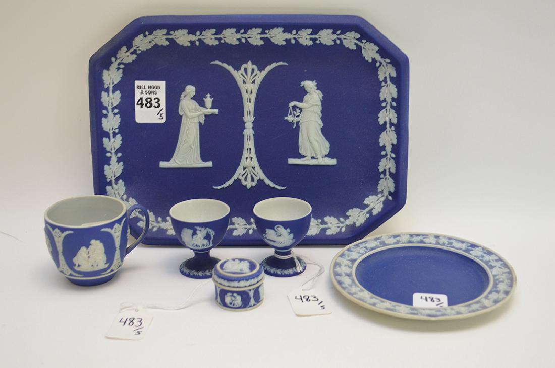 5 pcs. Wedgwood, Cobalt blue, platter (8" x 10 1/2"),: 5 pcs. Wedgwood, Cobalt blue, platter (8" x 10 1/2"), cup & saucer (5") (chip to rim), plate (5 3/4"dia), 2 egg cups (2 1/4"h) and pill box (1 1/4"d)