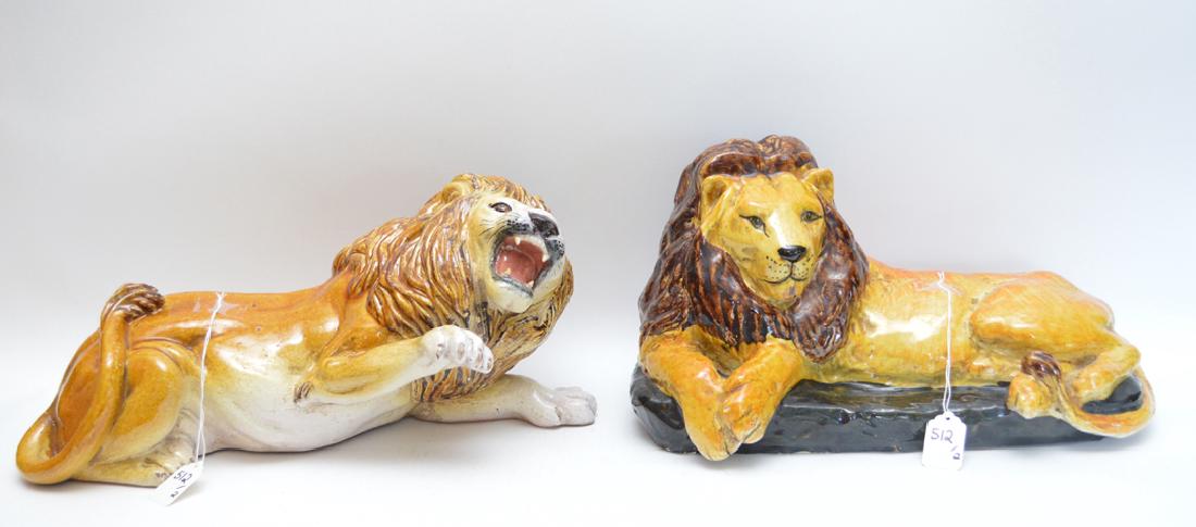 2 painted terra cotta lions, lion with paw up (18"L): 2 painted terra cotta lions, lion with paw up (18"L) and lion laying down (16"L)