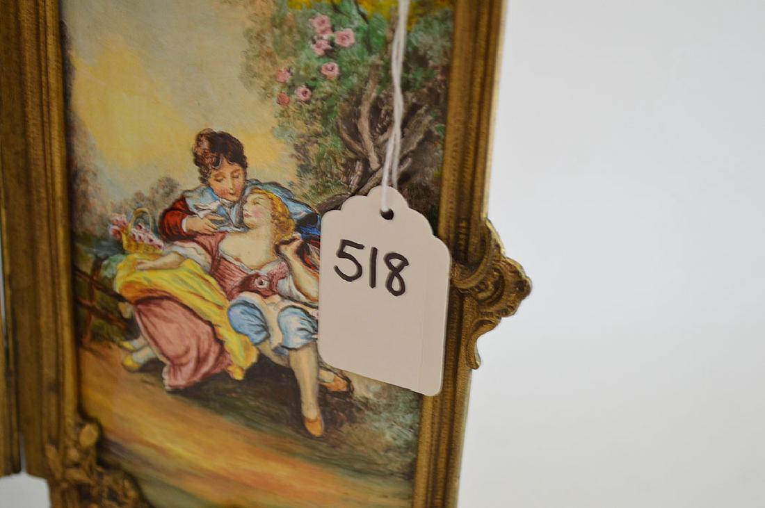 Antique bronze & enamel screen, each panel with: Antique bronze & enamel screen, each panel with romantic scene, 13"h x 15 1/2"w