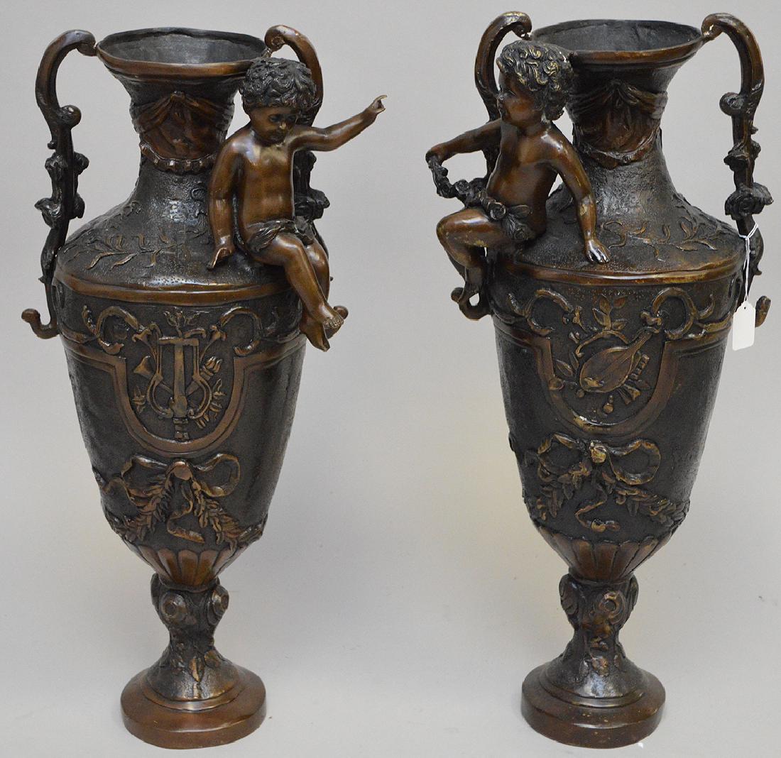 Pair bronze urns with figural cherubs, 27"h (1 of 6)