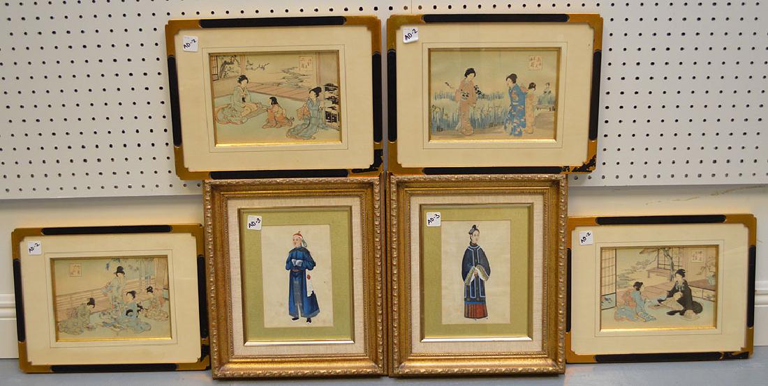 4 Chinese watercolors on silk, 6 x 9 inches each , sold: 4 Chinese watercolors on silk, 6 x 9 inches each , sold with 2 Chinese watercolors 7 x 5 inches