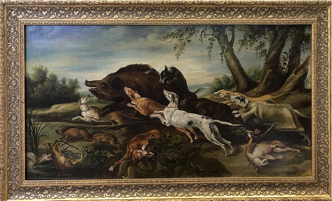 20th Century Decorative Painting signed L Cassidy, oil: 20th Century Decorative Painting signed L Cassidy, oil on canvas, boar kill, 20 x 40inches