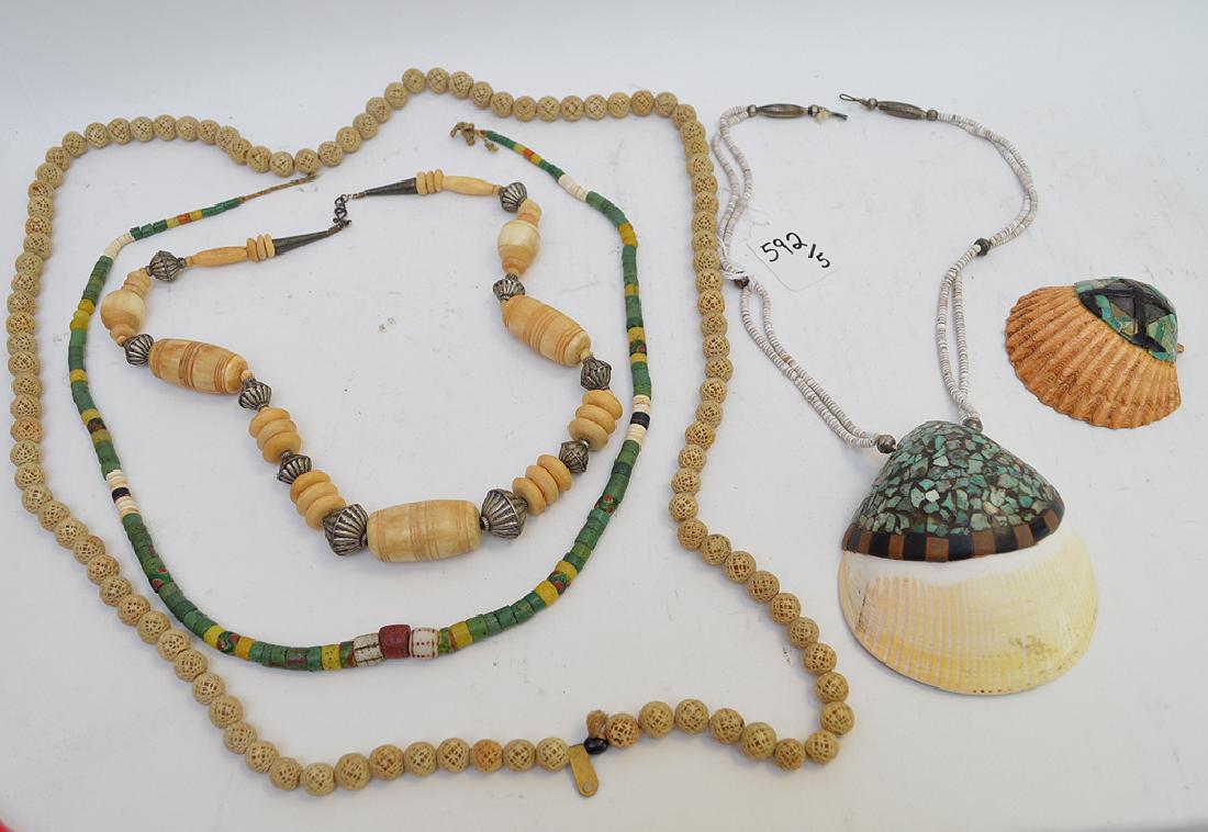 5 Pieces Antique / Vintage Asian Jewelry. Decorated: 5 Pieces Antique / Vintage Asian Jewelry. Decorated Shell Necklace, Stone Decorated Shell, Bone & Silver Necklace, Multi-Stone Necklace, Carved Bone Bead Necklace.