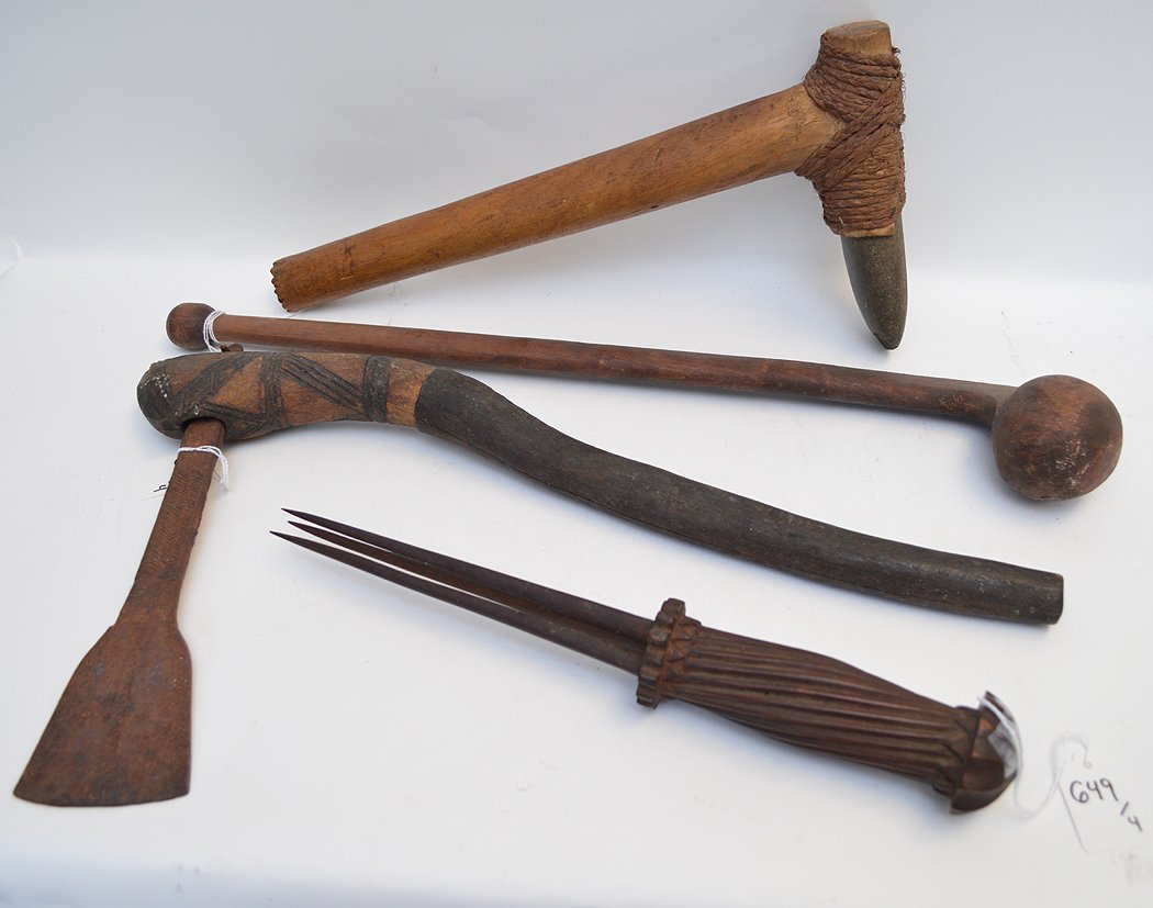 4 Early Carved Wood Ethnological Weapons.  Carved wood (1 of 6)