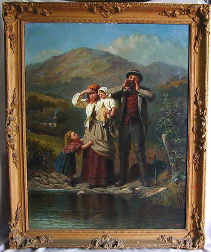 Charles Stuart (British, 19th century), oil on canv: Charles Stuart (British, 19th century), oil on canvas, "Family on River Bank", signed lower right and dated 1875, 36" x 28"