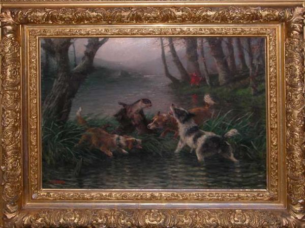 Russian Antique Painting signed E. Verestchagen: Antique Russian Oil Painting on canvas signed E.Verestchagen, Otter and Dogs fighting, hunter in background in marsh/river, 22" x 29 1/2"