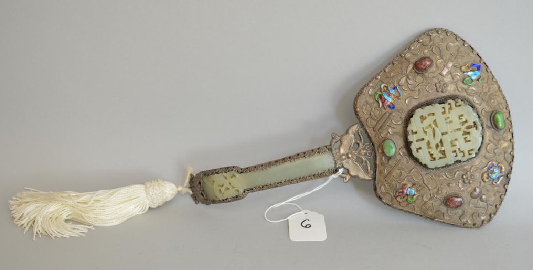 Chinese Silver & Enamel Mirror with jade inserts.  Lth. (1 of 5)