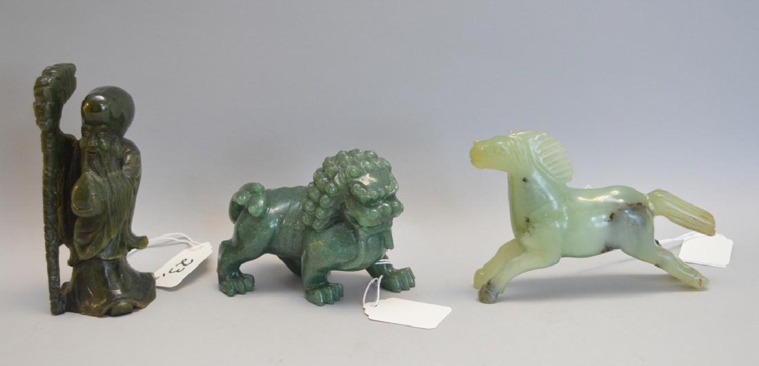 3 Jade Carvings. Wise Man Ht. 5 1/8, Foo Dog Ht. 3 Lth: 3 Jade Carvings. Wise Man Ht. 5 1/8, Foo Dog Ht. 3 Lth 4, Horse Ht. 3 1/2 Lth 5