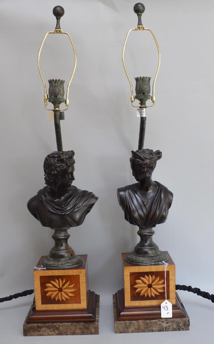 Pair bronze bust male & female lamps, inlaid bases, (1 of 7)