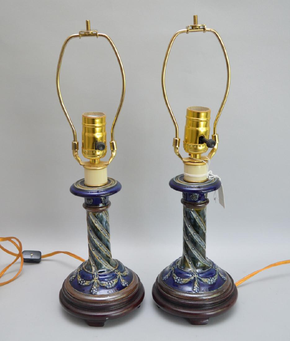 Pair Doulton Lambeth candlestick form lamps (1 of 3)