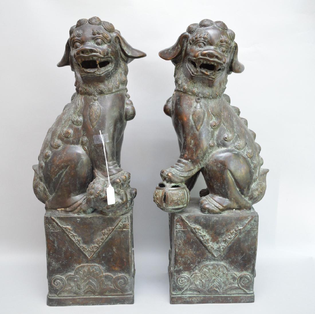 Pair Large Patinated Bronze Foo Dogs.  Condition: good. (1 of 5)