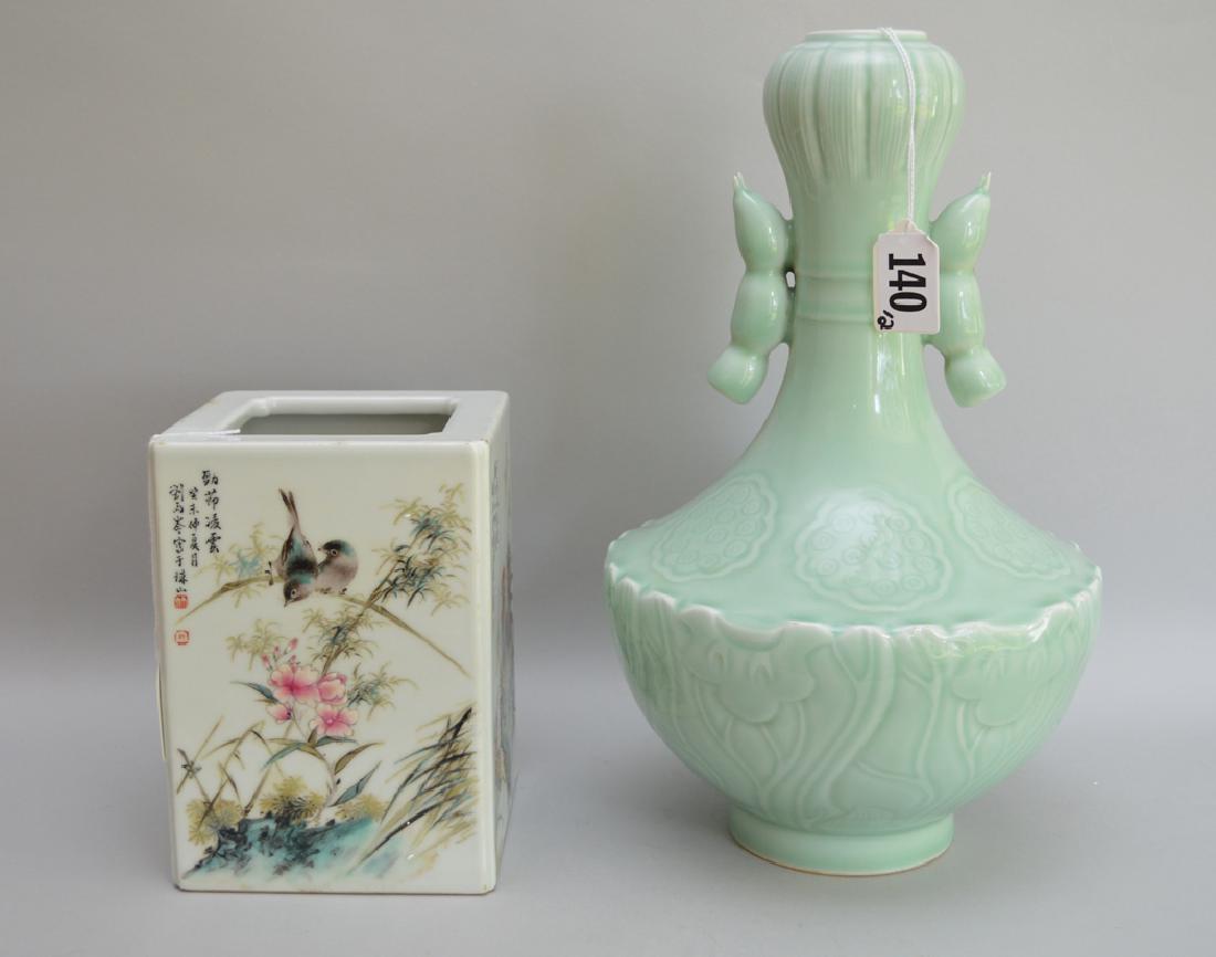 2 Pieces Chinese Porcelain.  1 Square Vase with hand (1 of 8)