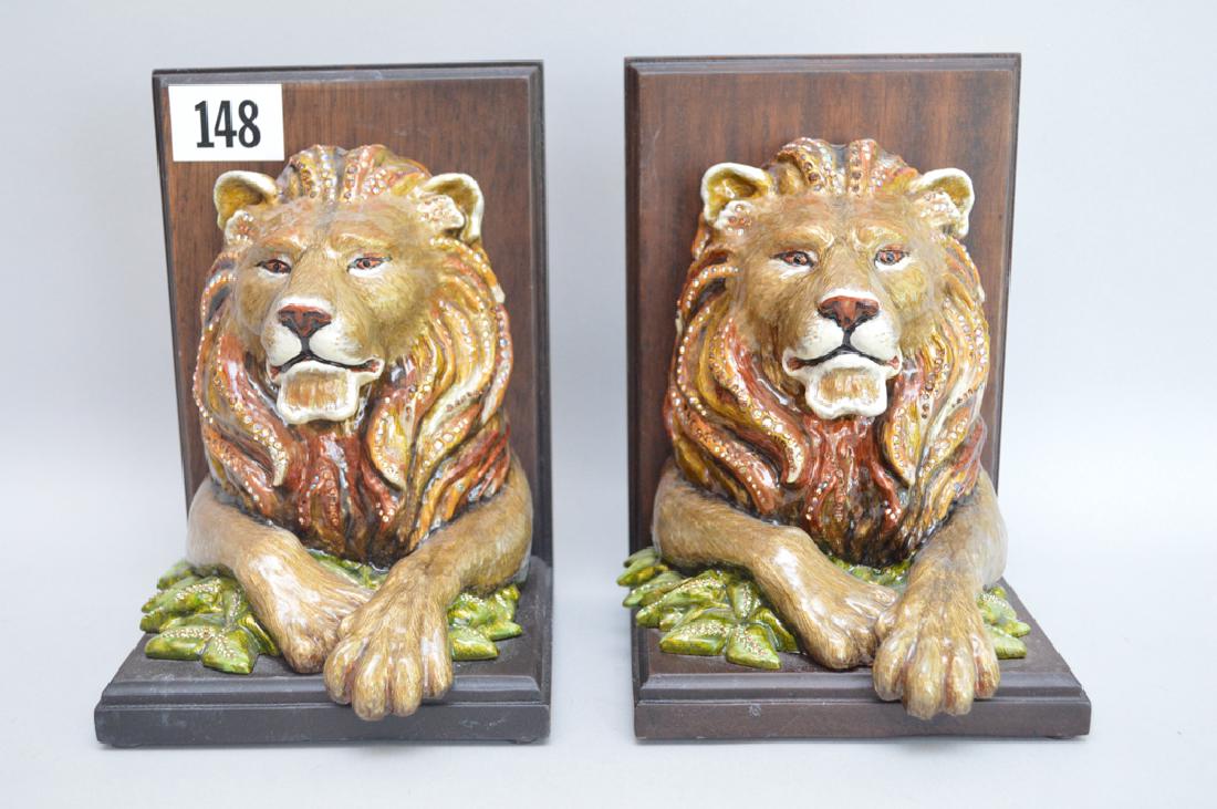 Jay Strongwater Enamel & Mahogany Lion Bookends.  Ht. 7 (1 of 5)