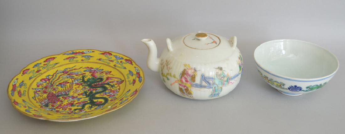 3 Chinese Porcelain Articles.  Plate with hand painted (1 of 6)