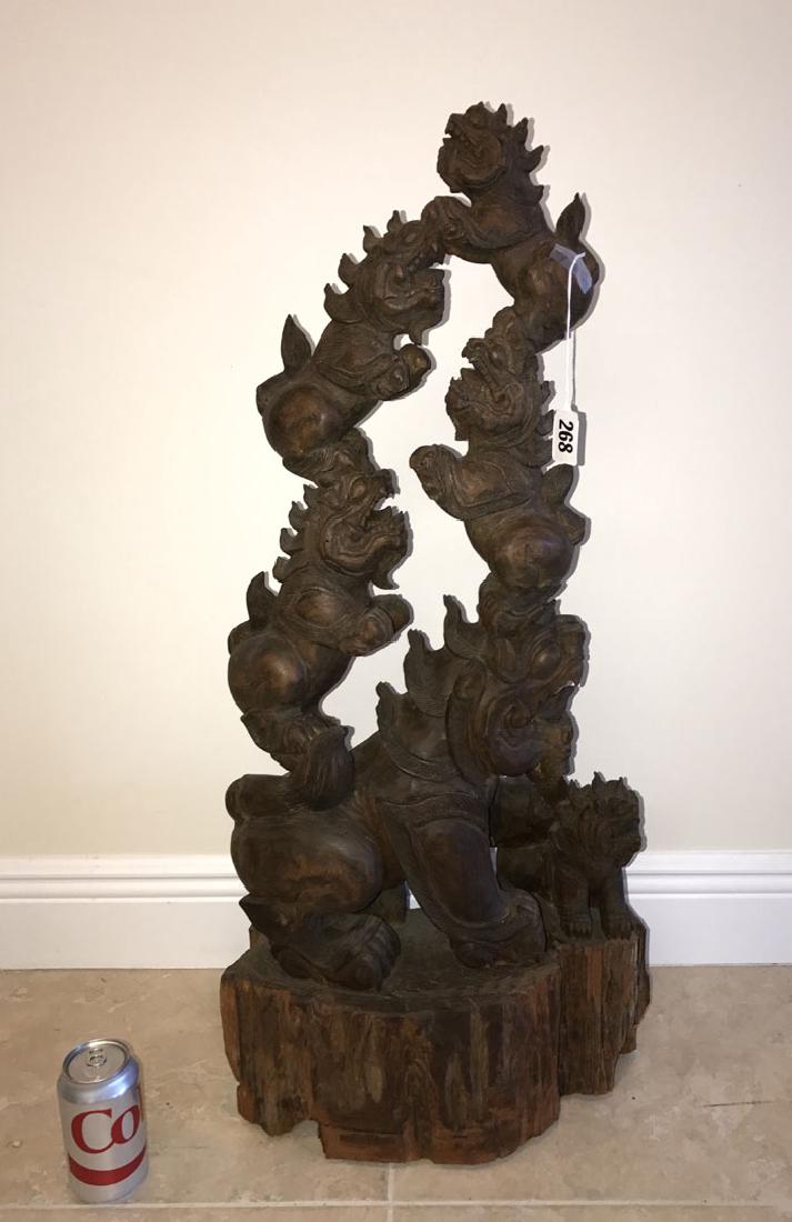 Antique Chinese wood carving with 6 foo dogs, 35h: Antique Chinese wood carving with 6 foo dogs, 35h