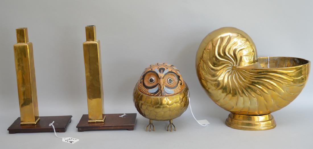 4 brass articles, Nautilus shell with Frederick Cooper: 4 brass articles, Nautilus shell with Frederick Cooper Chicago label, 11h x 12w x 6 1/2d, 2 Italian sculptures, 11 1/2h and brass owl pottery top (7 1/2h)