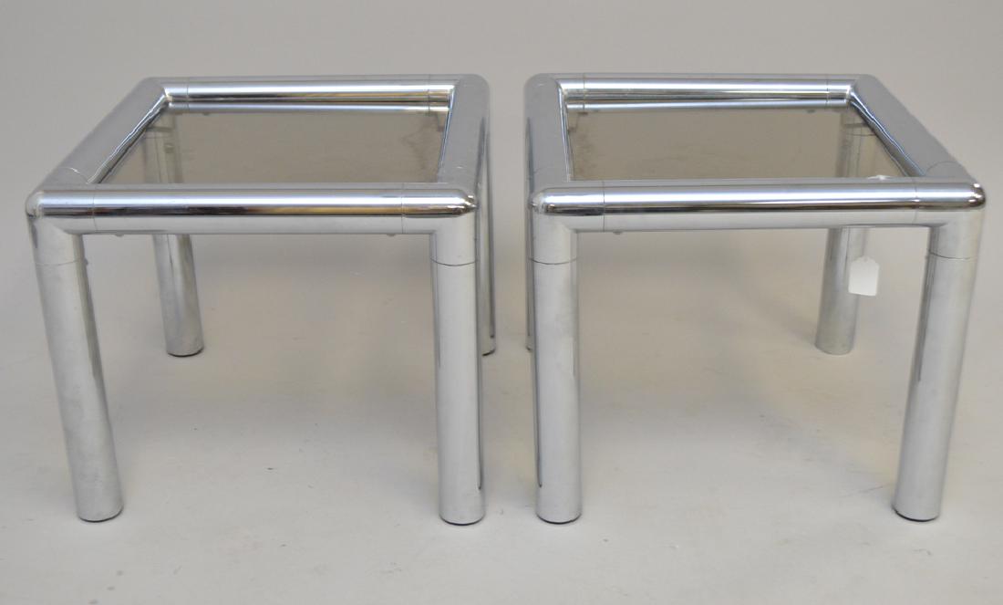 Pair John Mascheroni chrome & glass tables, circa 1970,: Pair John Mascheroni chrome & glass tables, circa 1970, 16h x 18w x 18d