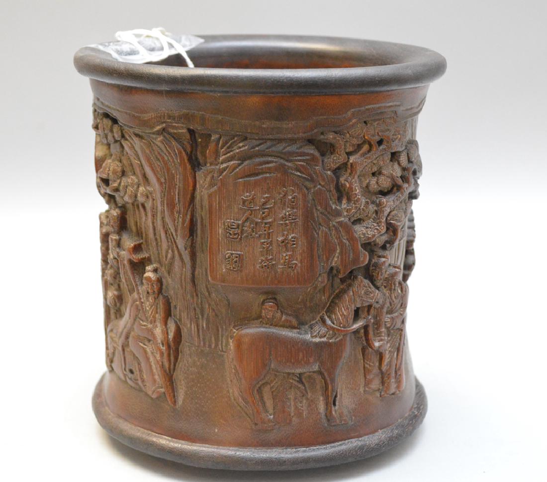 Carved Asian wood brush pot 7h x 6w (1 of 6)