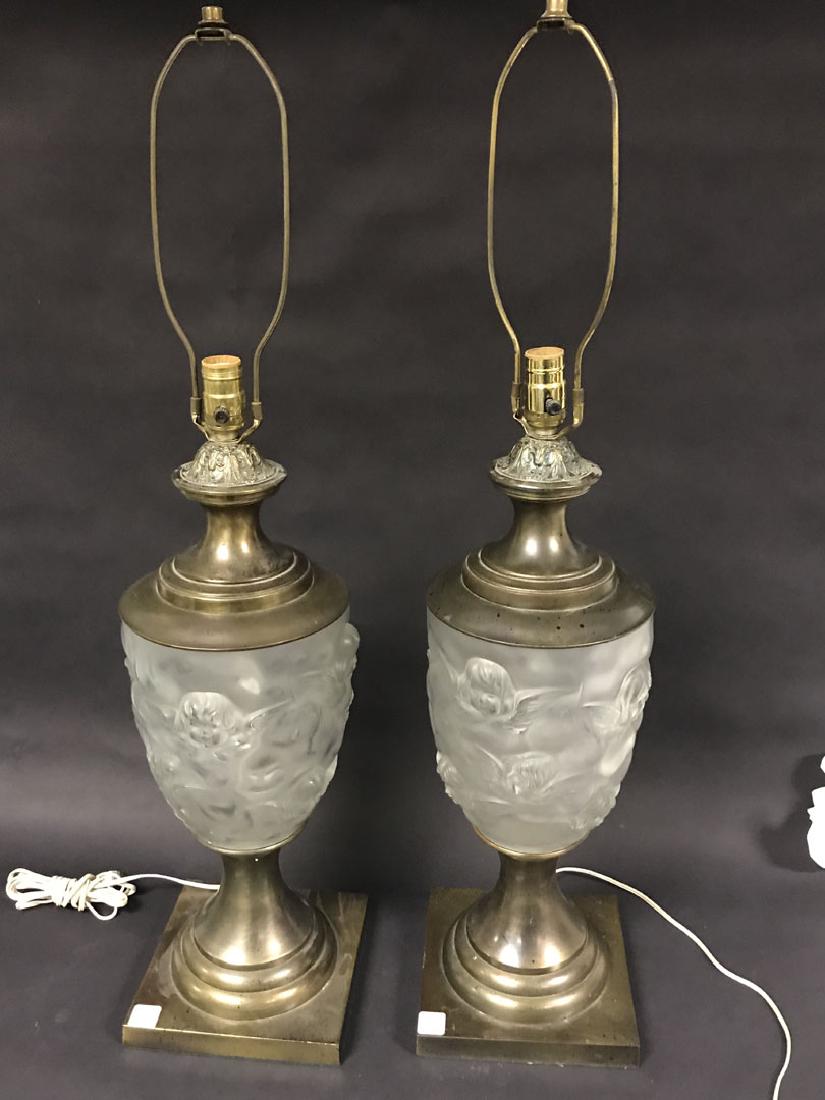 2 Lalique style glass & brass lamps, c. 1960 (1 of 6)