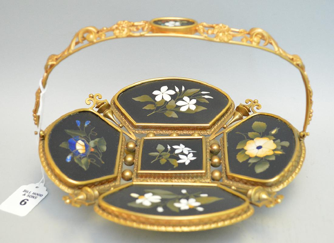 Gilt Bronze & Pietra Dura Basket. Dia. 9" Ht. With: Gilt Bronze & Pietra Dura Basket. Dia. 9" Ht. With handle up 6"