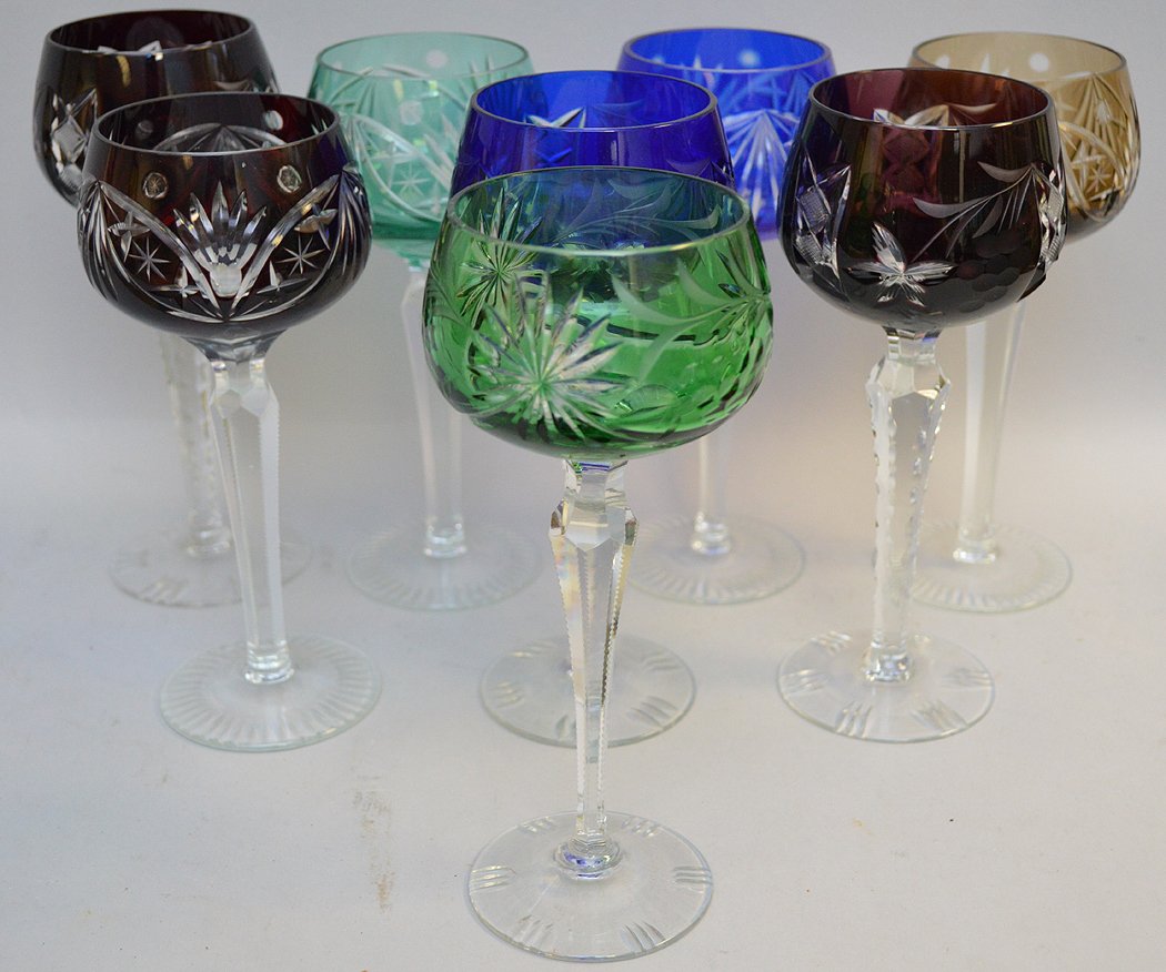 8 Multi colored cut glass goblets, each 7-1/2 inches (1 of 2)