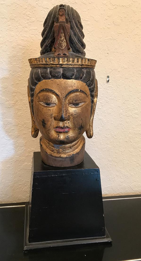 Vintage Gilded wood buddha head on painted black base, (1 of 10)