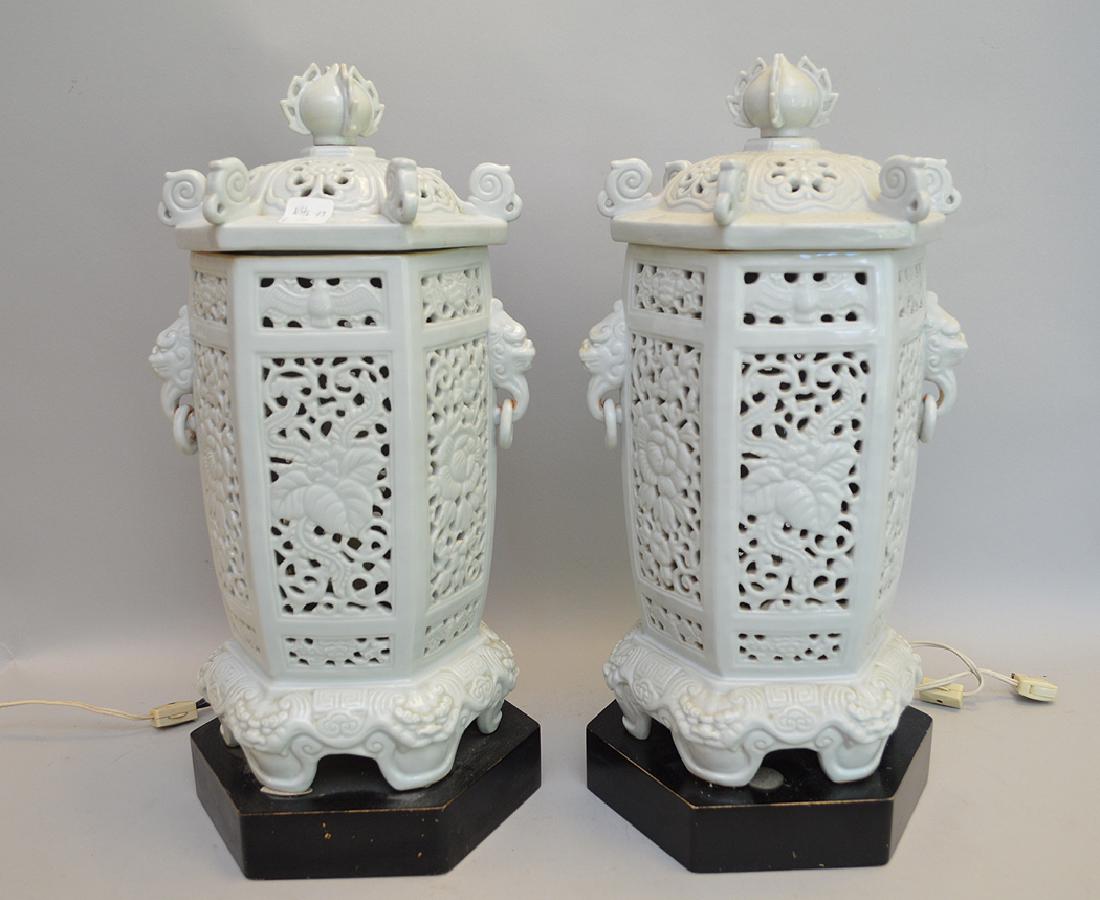 Pair white Chinese reticulated porcelain lamps with foo (1 of 2)