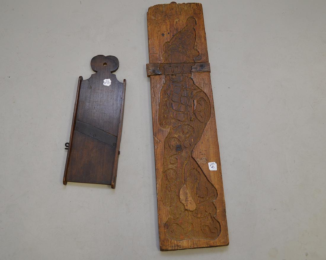 Slaw cutter and 18th c. cookie board, 39"h x 9 1/4"w (1 of 3)