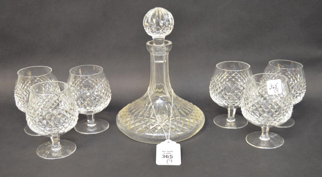 Crystal decanter, unsigned (10 1/2"h) with 6 Waterford (1 of 2)