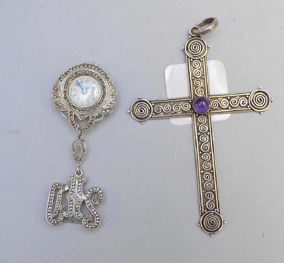 2pcs. Sterling & marcasite, watch and cross: 2pcs. Sterling & marcasite, watch and cross